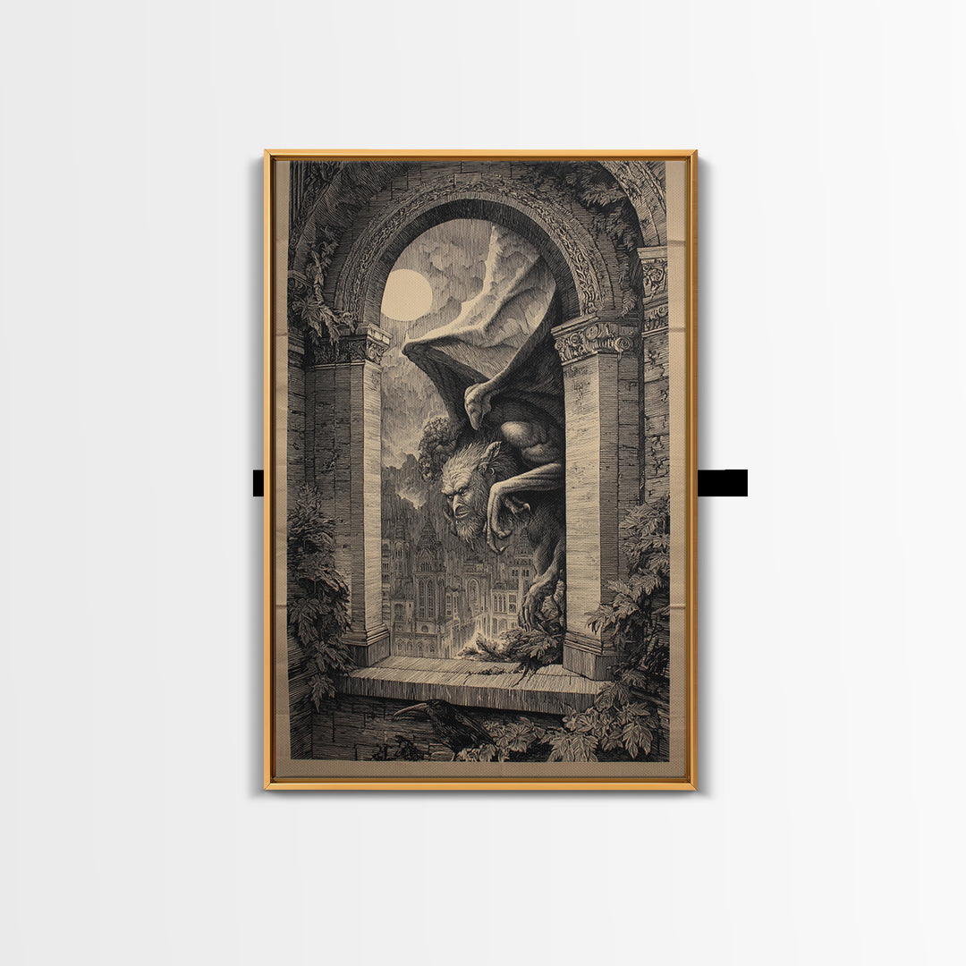 The Gargoyle Sentinel, Victorian Macabre Art, Vertical Wall Art, Dark Fantasy Wall Art, Framed Canvas Print, Halloween Wall Art