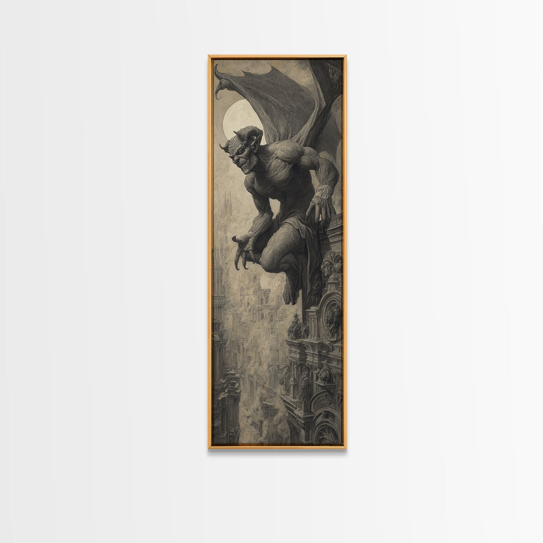 The Gargoyle Sentinel, Surreal Apocalyptic Art, Tall Narrow Wall Art, Gothic Horror Wall Art, Framed Canvas Print
