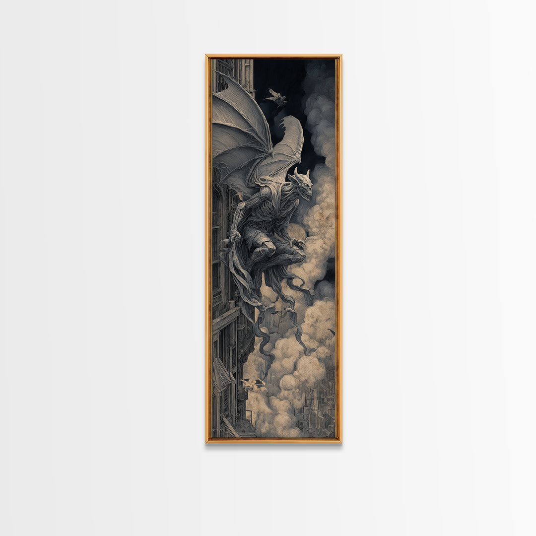 The Gargoyle Sentinel, Biomechanical Horror Art, Tall Narrow Wall Art, Macabre Wall Art, Canvas Print, Halloween Wall Art, Halloween Decor