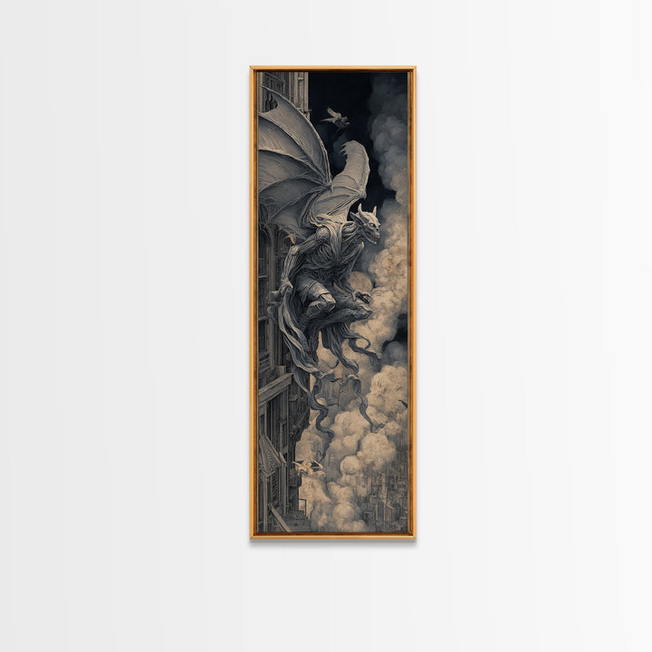 The Gargoyle Sentinel, Biomechanical Horror Art, Tall Narrow Wall Art, Macabre Wall Art, Canvas Print, Halloween Wall Art, Halloween Decor