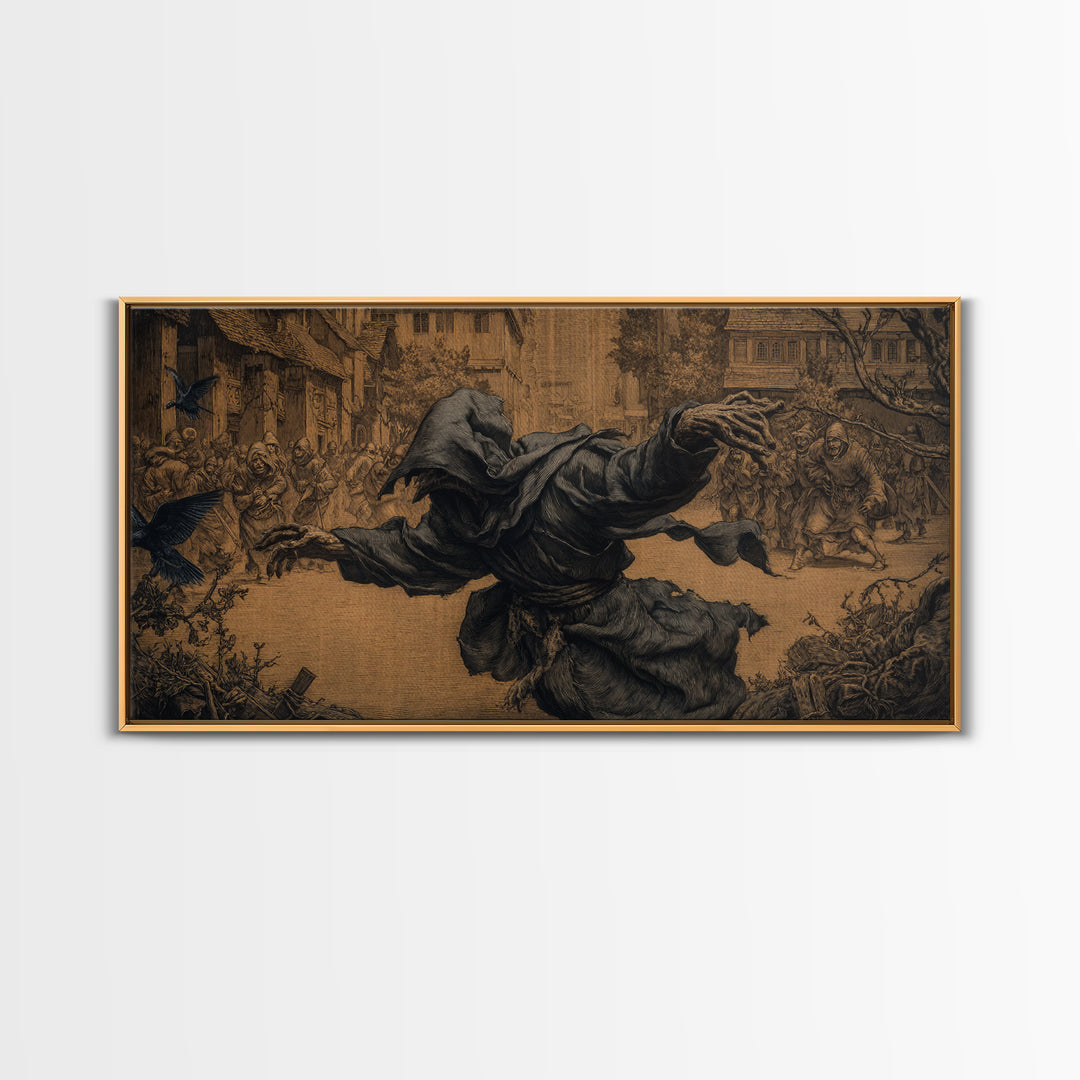 The Tattered Wraith, Northern Renaissance Horror, Wide Panoramic Art, Macabre Wall Art, Framed Canvas Print, Halloween Wall Art