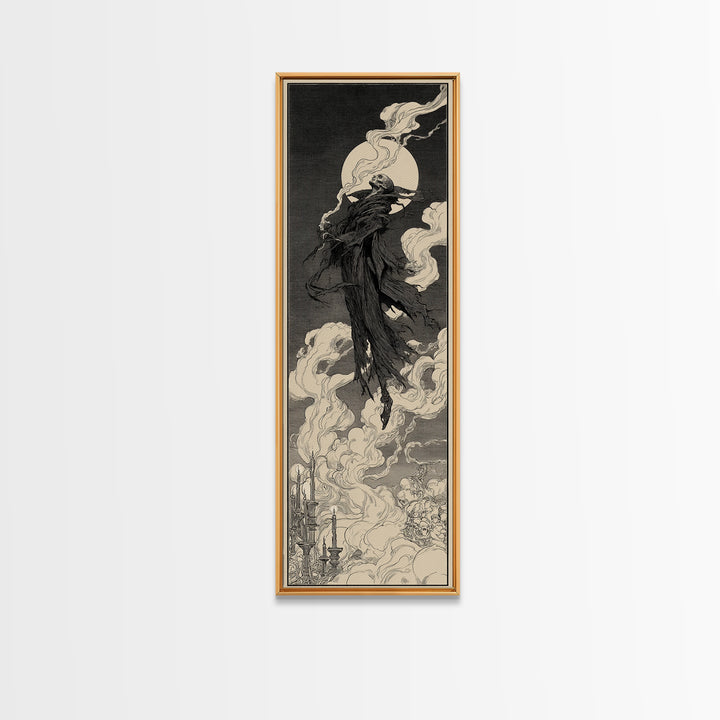 The Tattered Wraith, Decadent Line Art, Tall Narrow Wall Art, Dark Halloween Decor, Framed Canvas Print, Halloween Wall Art