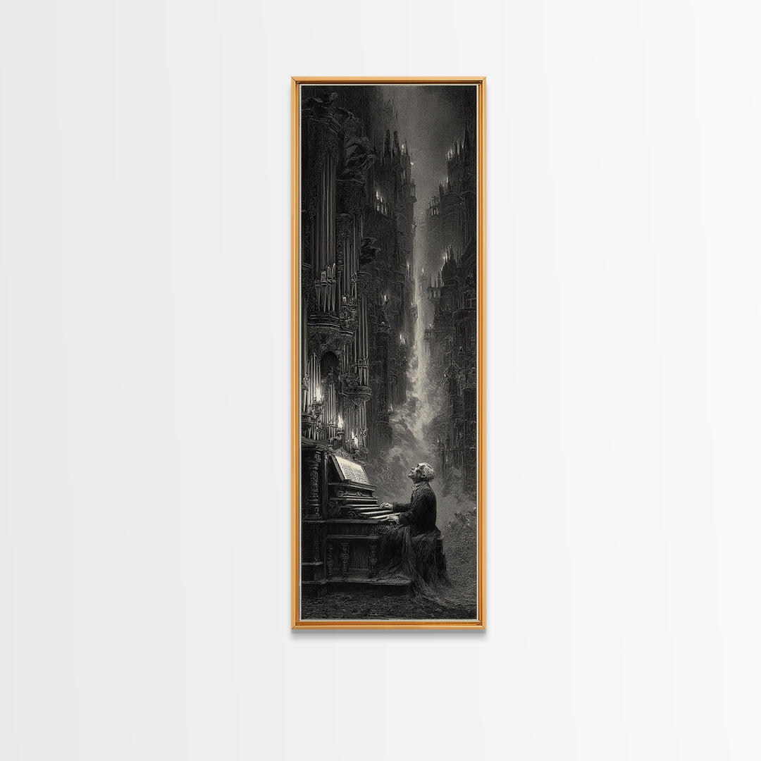 The Phantom Organist, Gothic Engraving Art, Tall Narrow Wall Art, Dark Fantasy Wall Art, Framed Canvas Print, Halloween Wall Art