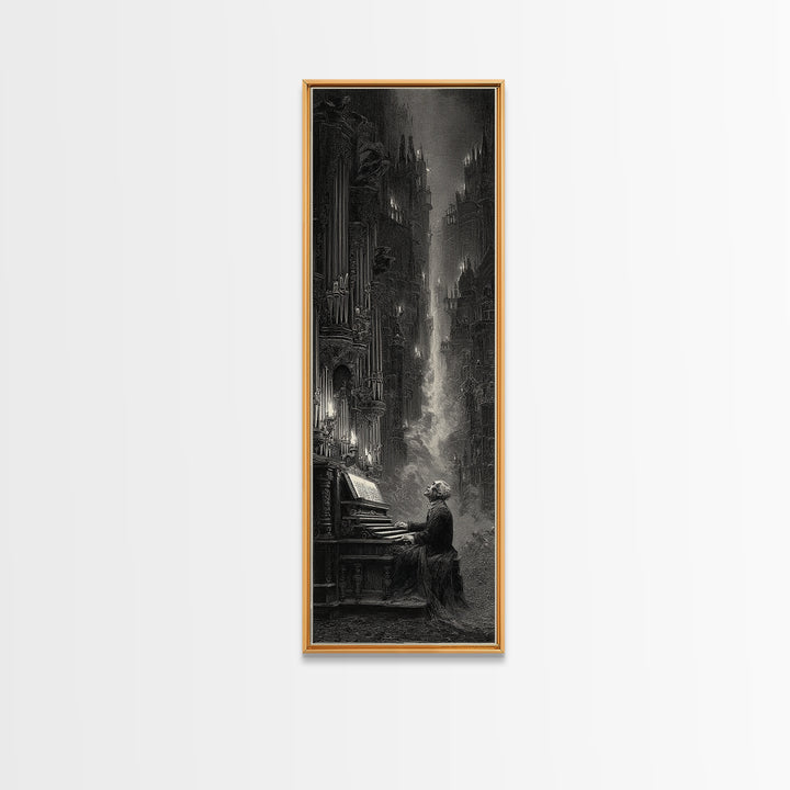 The Phantom Organist, Gothic Engraving Art, Tall Narrow Wall Art, Dark Fantasy Wall Art, Framed Canvas Print, Halloween Wall Art