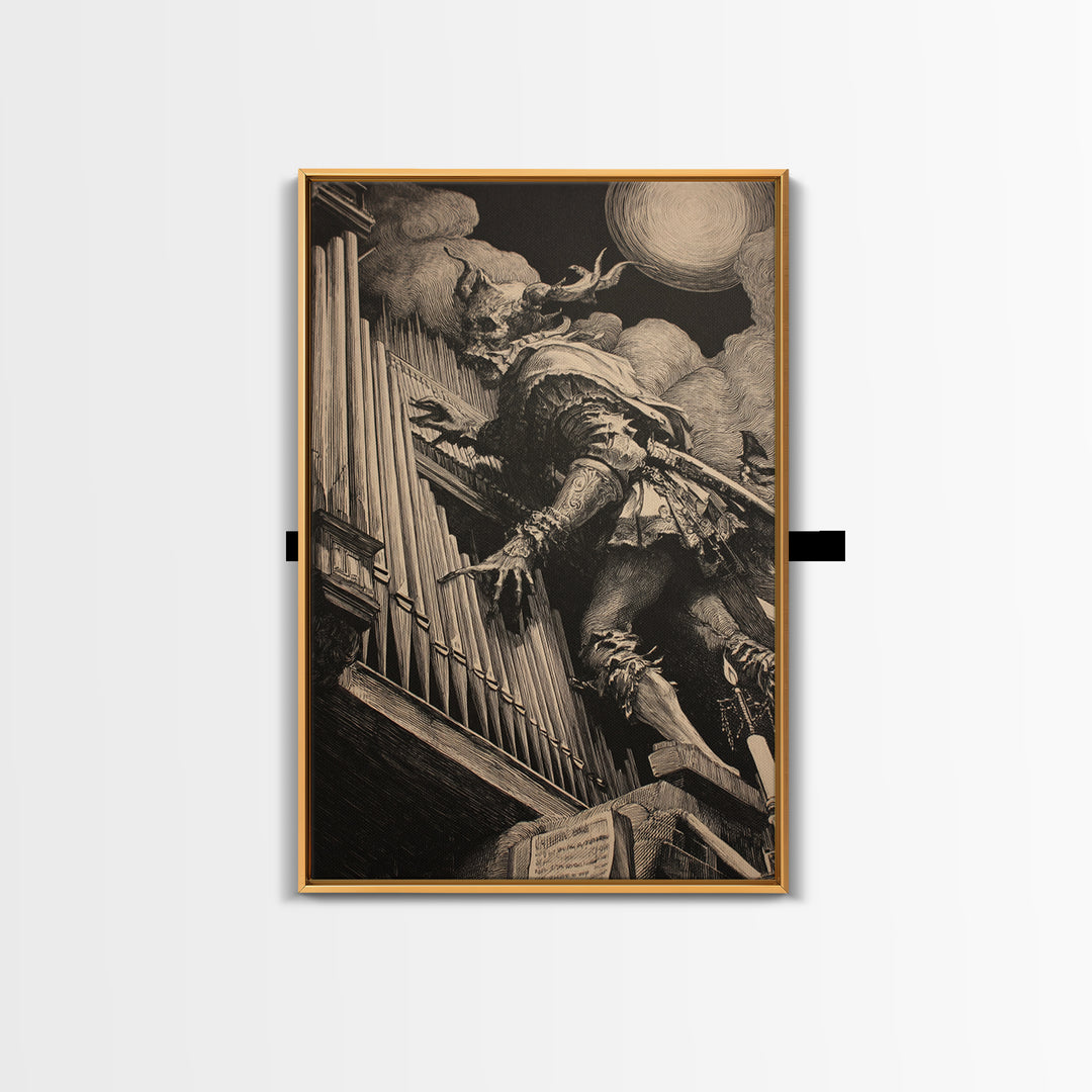 The Phantom Organist, Renaissance Engraving Art, Vertical Wall Art, Macabre Wall Art, Canvas Print, Halloween Wall Art, Statement Wall Art