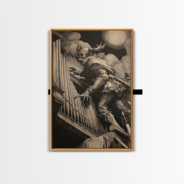 The Phantom Organist, Renaissance Engraving Art, Vertical Wall Art, Macabre Wall Art, Canvas Print, Halloween Wall Art, Statement Wall Art
