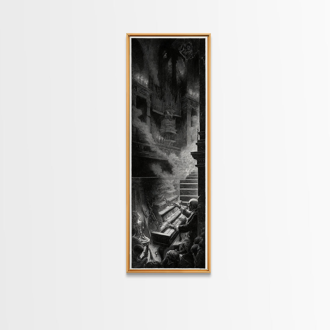 The Phantom Organist, Architectural Etching Art, Tall Narrow Wall Art, Macabre Wall Art, Canvas Print, Halloween Wall Art