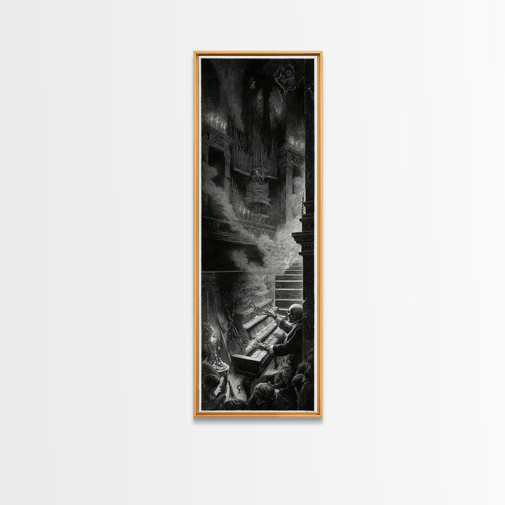 The Phantom Organist, Architectural Etching Art, Tall Narrow Wall Art, Macabre Wall Art, Canvas Print, Halloween Wall Art