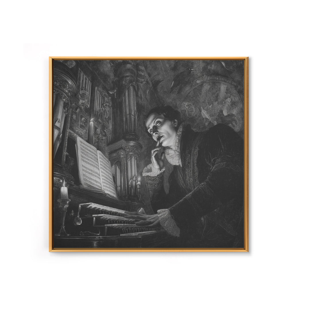 The Phantom Organist, Dark Symbolist Art, Square Wall Art, Dark Halloween Decor, Framed Canvas Print, Halloween Wall Art