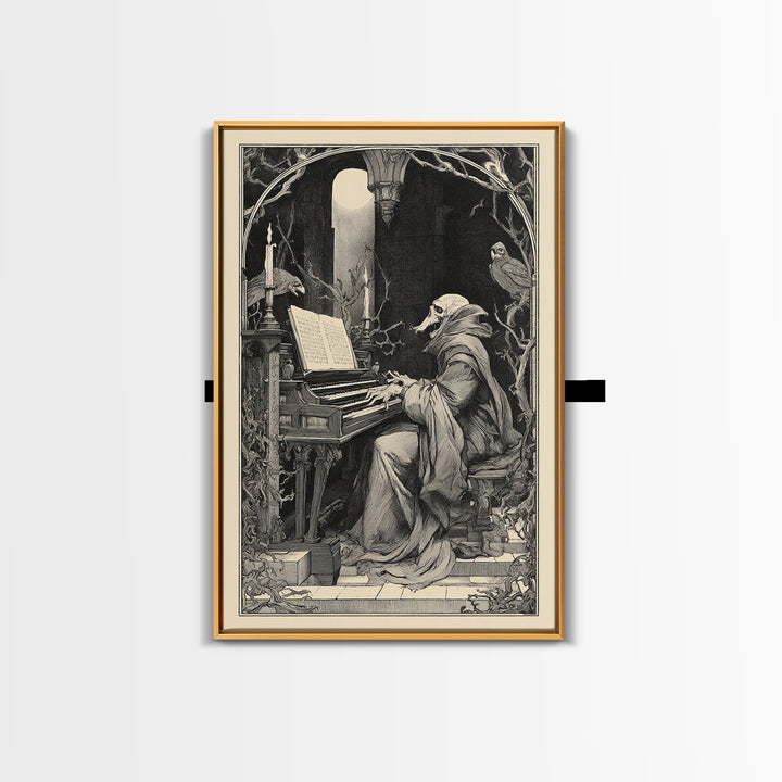 The Phantom Organist, Symbolist Etching Art, Vertical Wall Art, Dark Fantasy Wall Art, Framed Canvas Print, Halloween Wall Art