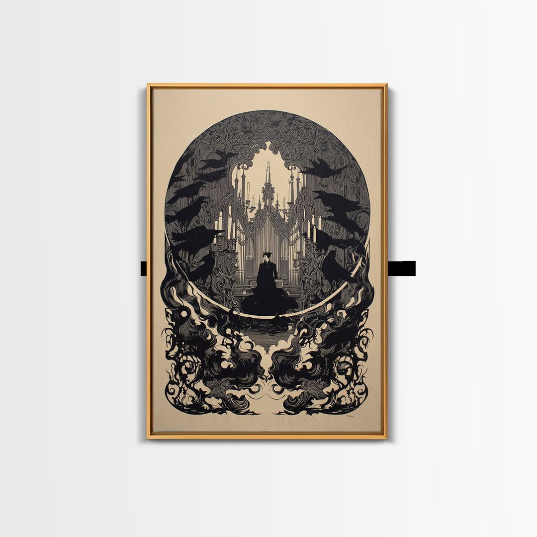 The Phantom Organist, Decadent Line Art, Vertical Wall Art, Gothic Horror Wall Art, Framed Canvas Print, Halloween Wall Art