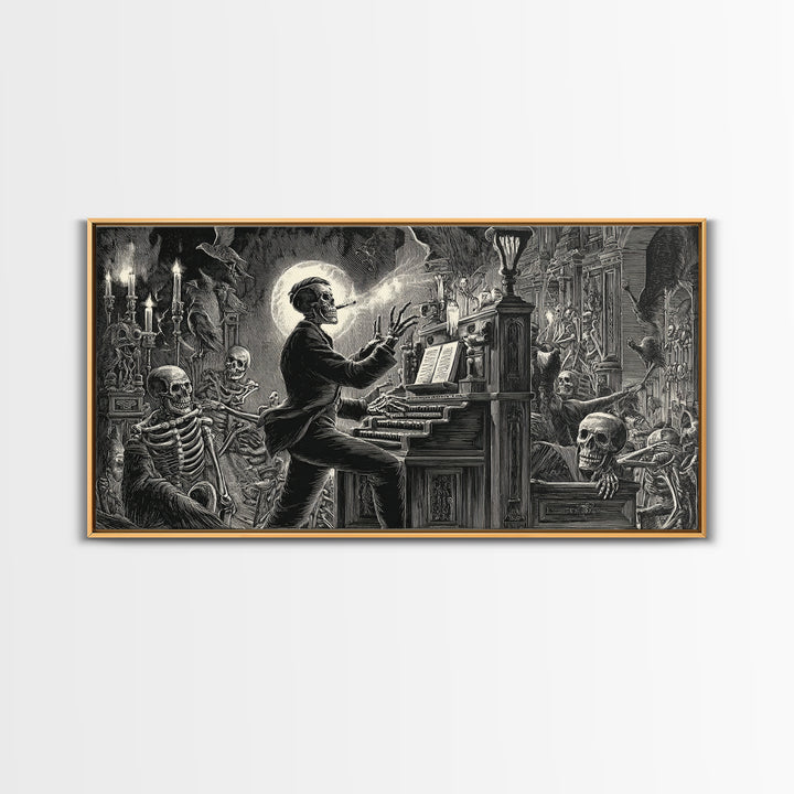 The Phantom Organist, Macabre Folk Print Art, Wide Panoramic Art, Dark Fantasy Wall Art, Framed Canvas Print, Halloween Wall Art
