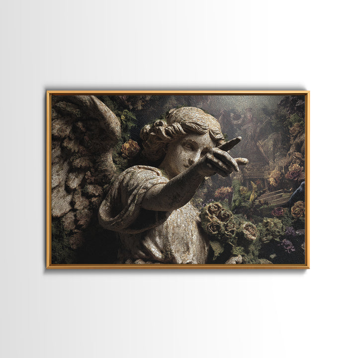 The Weeping Cemetery Angel, Medieval Grotesque Art, Landscape Wall Art, Dark Halloween Decor, Framed Canvas Print, Halloween Wall Art