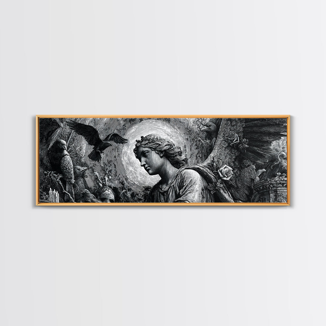The Weeping Cemetery Angel, Renaissance Engraving Art, Extra Wide Wall Art, Dark Fantasy Wall Art, Canvas Print, Halloween Wall Art