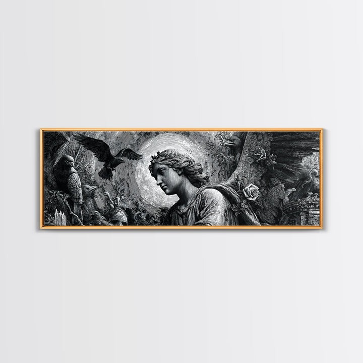 The Weeping Cemetery Angel, Renaissance Engraving Art, Extra Wide Wall Art, Dark Fantasy Wall Art, Canvas Print, Halloween Wall Art