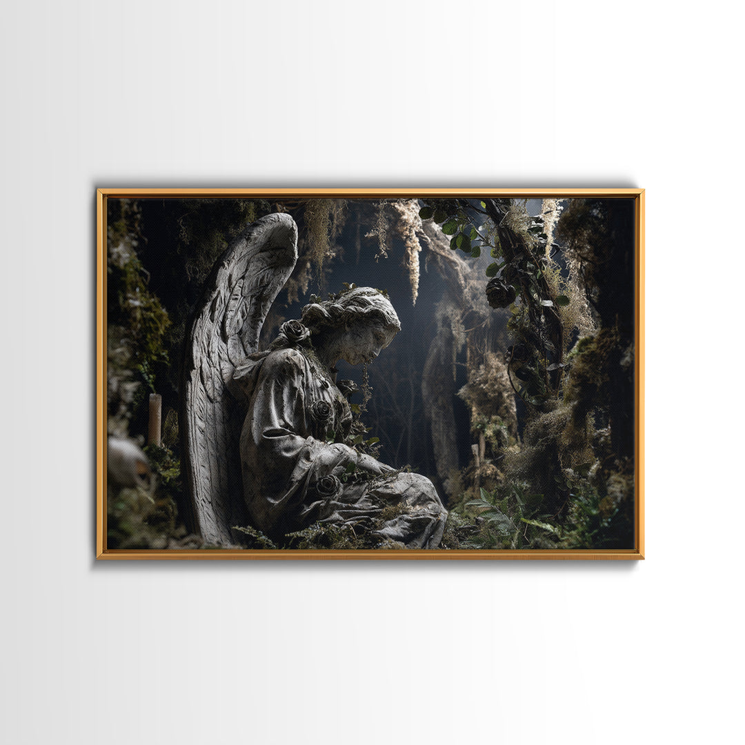 The Weeping Cemetery Angel, Baroque Witchcraft Art, Landscape Wall Art, Dark Halloween Decor, Canvas Print, Halloween Wall Art