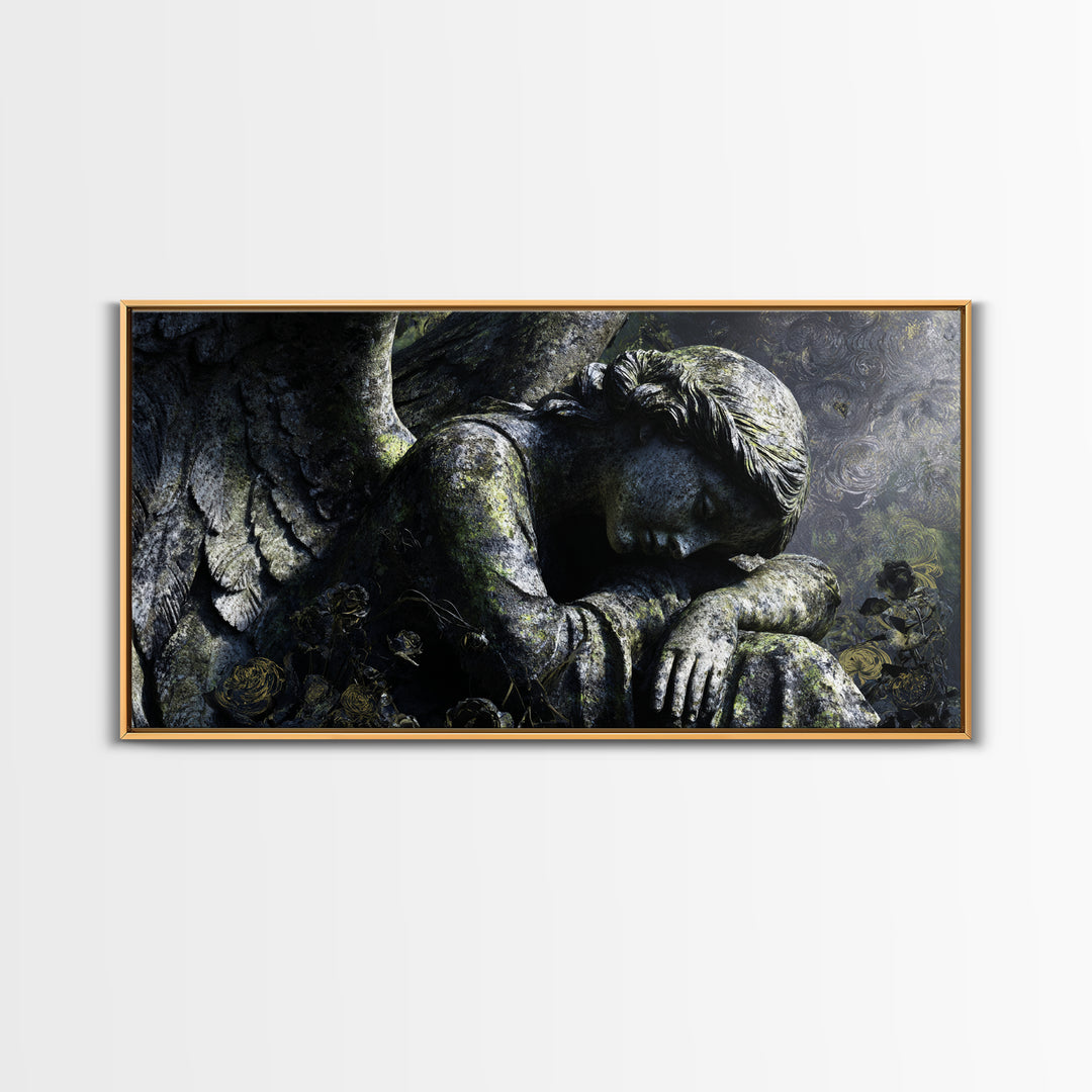 The Weeping Cemetery Angel, Visionary Gothic Art, Wide Panoramic Art, Macabre Wall Art, Framed Canvas Print, Halloween Wall Art