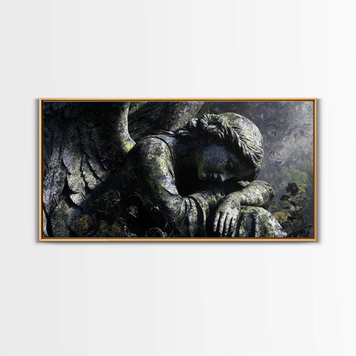 The Weeping Cemetery Angel, Visionary Gothic Art, Wide Panoramic Art, Macabre Wall Art, Framed Canvas Print, Halloween Wall Art