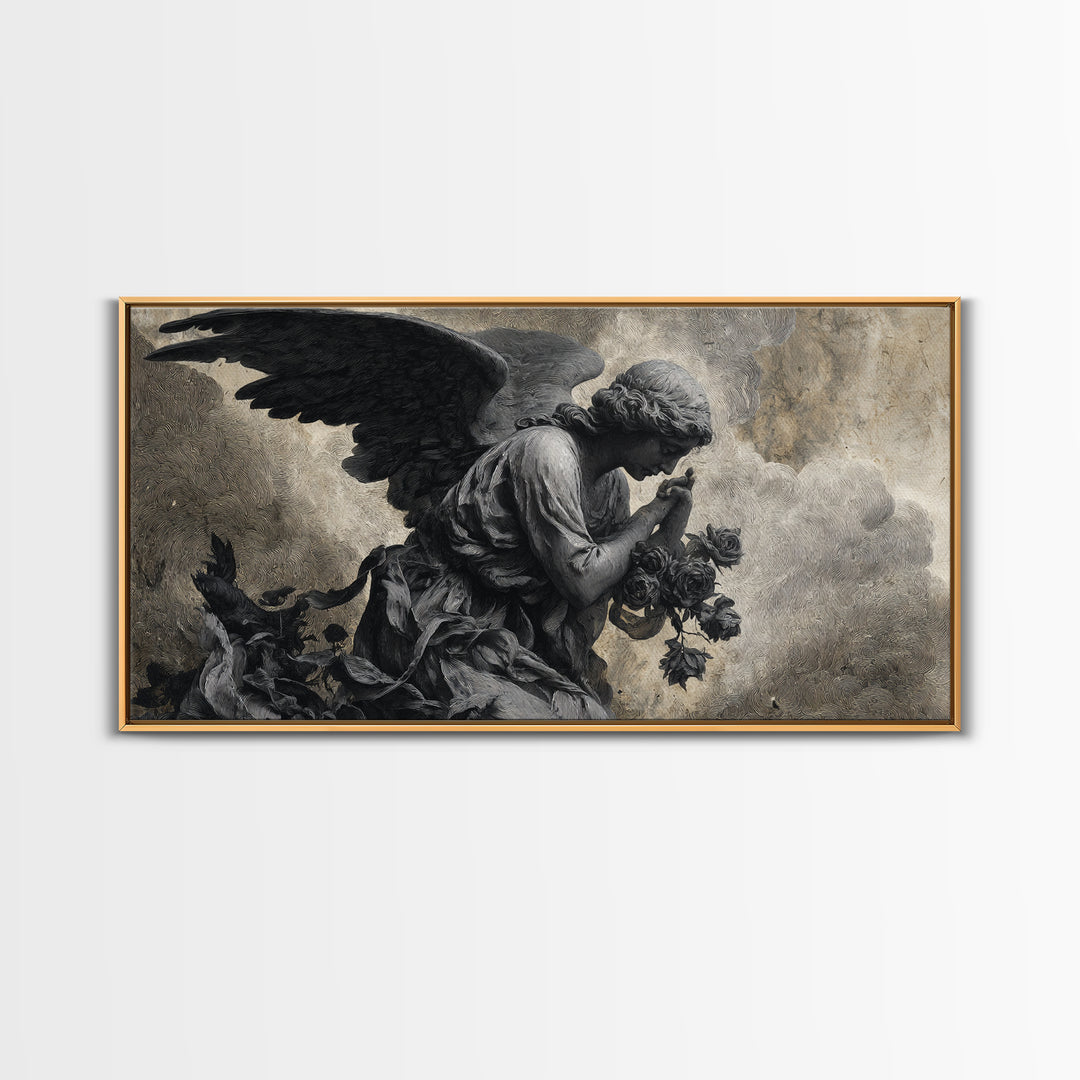 The Weeping Cemetery Angel, Expressionist Nightmare Art, Wide Panoramic Art, Gothic Horror Wall Art, Framed Canvas Print, Halloween Wall Art