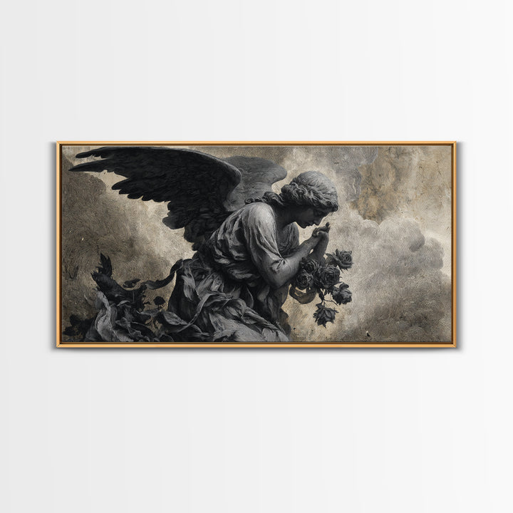 The Weeping Cemetery Angel, Expressionist Nightmare Art, Wide Panoramic Art, Gothic Horror Wall Art, Framed Canvas Print, Halloween Wall Art