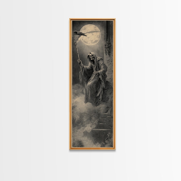 The Fog-Bound Reaper, Gothic Engraving Art, Tall Narrow Wall Art, Dark Halloween Decor, Framed Canvas Print, Halloween Wall Art