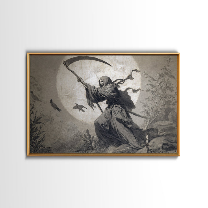 The Fog-Bound Reaper, Medieval Grotesque Art, Landscape Wall Art, Macabre Wall Art, Framed Canvas Print, Halloween Wall Art