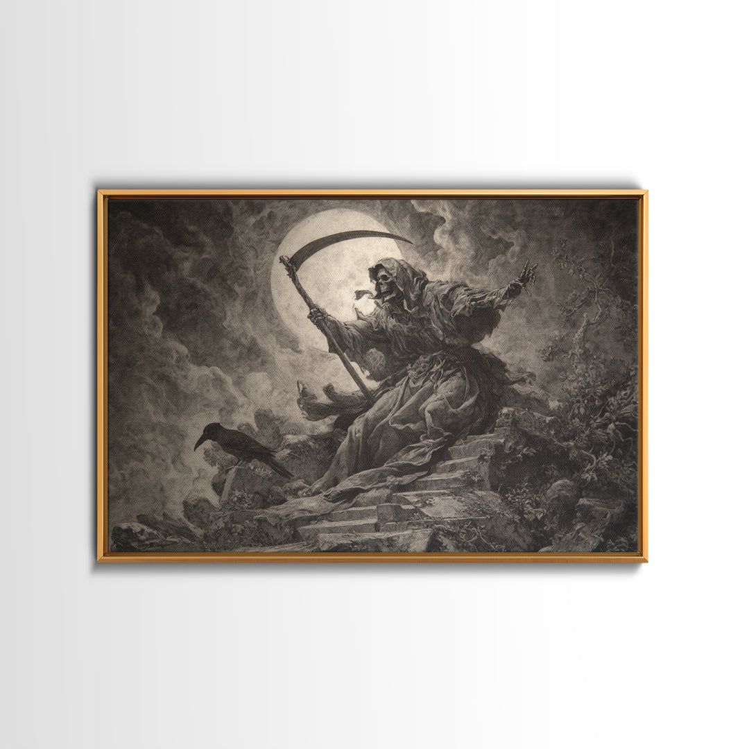 The Fog-Bound Reaper, Baroque Witchcraft Art, Landscape Wall Art, Dark Fantasy Wall Art, Framed Canvas Print, Halloween Wall Art