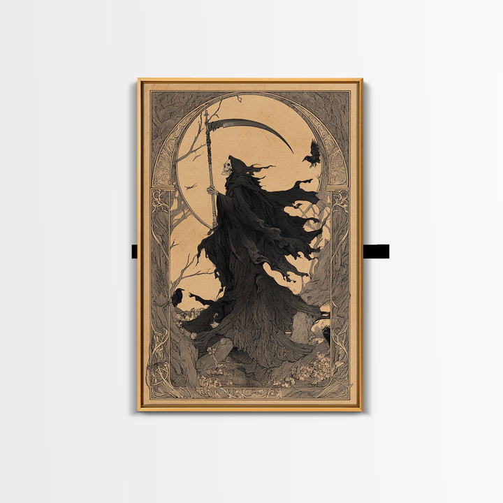 The Fog-Bound Reaper, Decadent Line Art, Vertical Wall Art, Gothic Horror Wall Art, Canvas Print, Halloween Wall Art