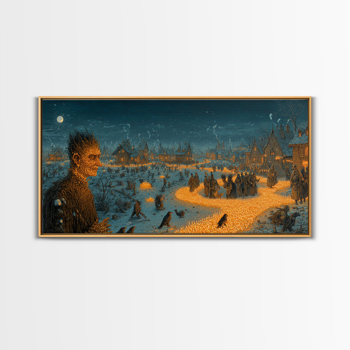 The Candlewax Man, Northern Renaissance Horror, Wide Panoramic Art, Dark Fantasy Wall Art, Framed Canvas Print, Halloween Wall Art