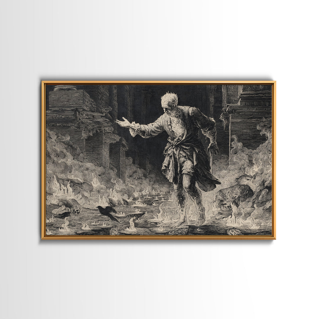 The Candlewax Man, Architectural Etching Art, Landscape Wall Art, Macabre Wall Art, Framed Canvas Print, Halloween Wall Art