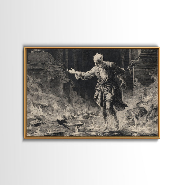 The Candlewax Man, Architectural Etching Art, Landscape Wall Art, Macabre Wall Art, Framed Canvas Print, Halloween Wall Art