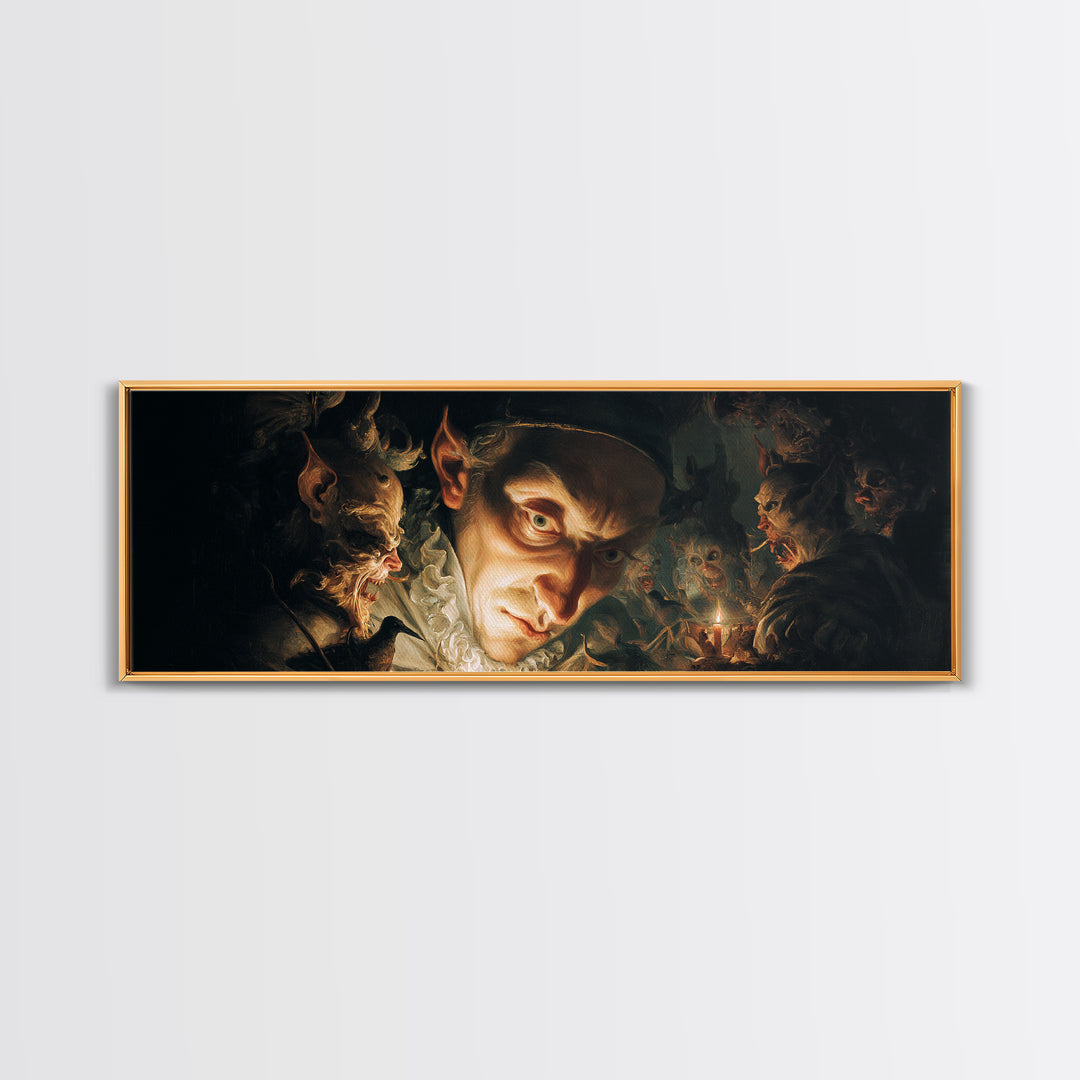 The Mirror Spirit, Medieval Grotesque Art, Extra Wide Wall Art, Dark Halloween Decor, Framed Canvas Print, Halloween Wall Art