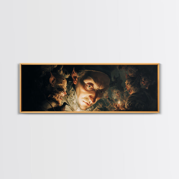 The Mirror Spirit, Medieval Grotesque Art, Extra Wide Wall Art, Dark Halloween Decor, Framed Canvas Print, Halloween Wall Art