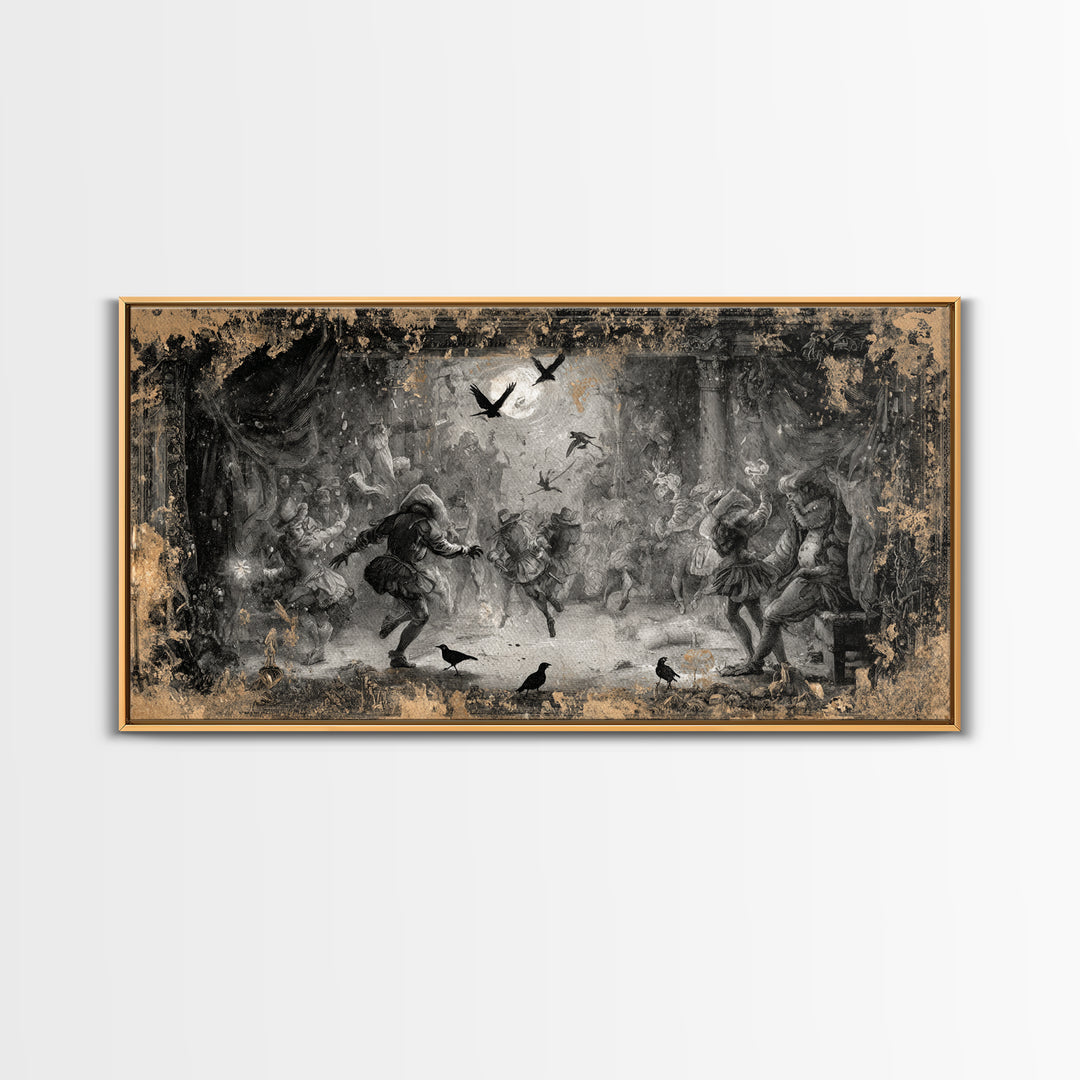 The Mirror Spirit, Northern Renaissance Horror, Wide Panoramic Art, Dark Halloween Decor, Canvas Print, Halloween Wall Art