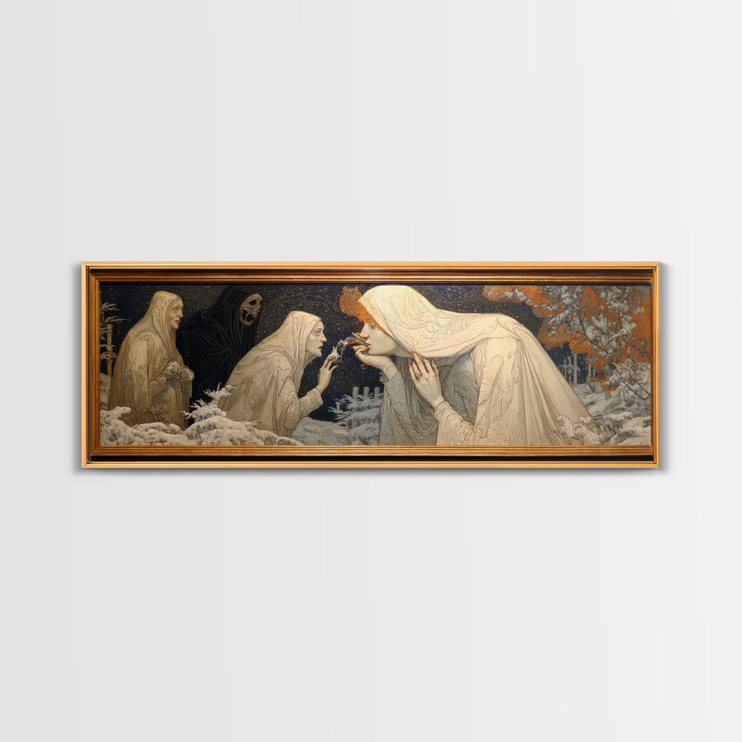 The Mirror Spirit, Symbolist Death Art, Extra Wide Wall Art, Macabre Wall Art, Framed Canvas Print, Halloween Wall Art
