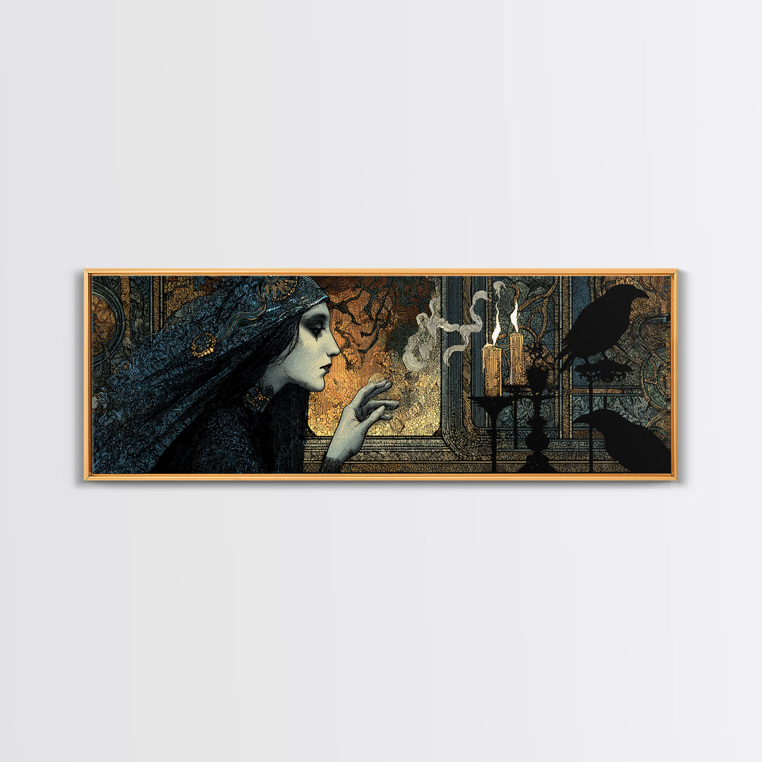 The Mirror Spirit, Stained Glass Gothic Art, Extra Wide Wall Art, Dark Halloween Decor, Framed Canvas Print, Halloween Wall Art