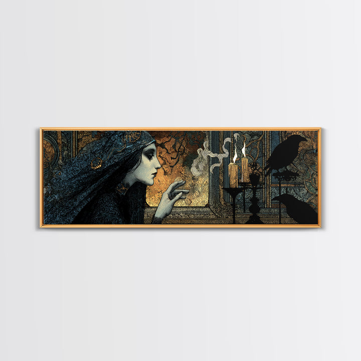 The Mirror Spirit, Stained Glass Gothic Art, Extra Wide Wall Art, Dark Halloween Decor, Framed Canvas Print, Halloween Wall Art