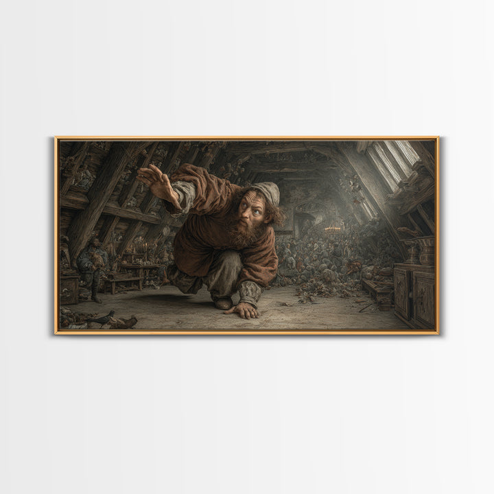 The Attic Whisperer, Northern Renaissance Horror, Wide Panoramic Art, Dark Fantasy Wall Art, Framed Canvas Print