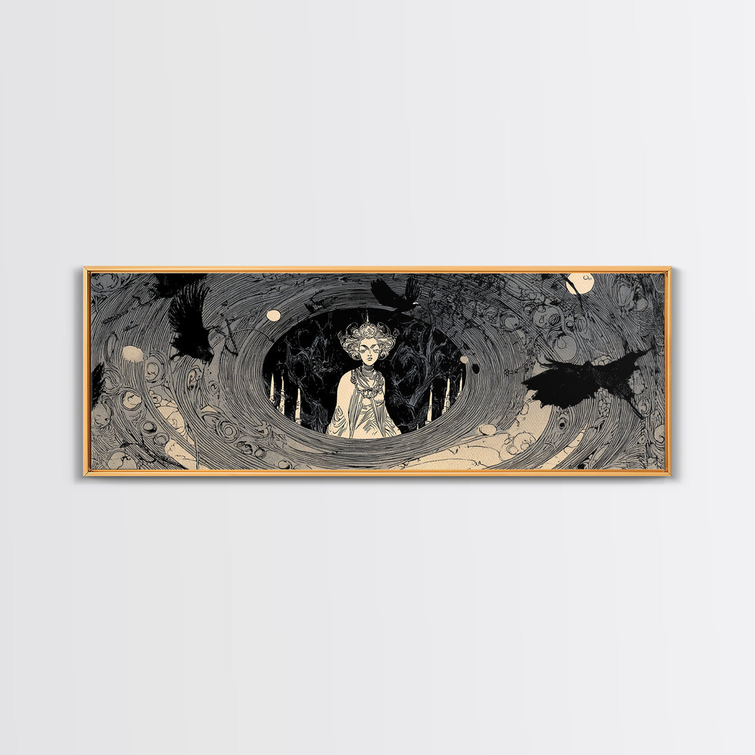 The Attic Whisperer, Decadent Line Art, Extra Wide Wall Art, Macabre Wall Art, Framed Canvas Print, Halloween Wall Art
