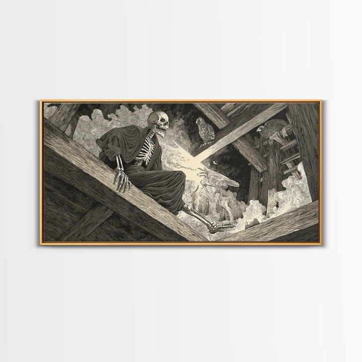 The Attic Whisperer, Macabre Folk Print Art, Wide Panoramic Art, Dark Halloween Decor, Framed Canvas Print, Halloween Wall Art