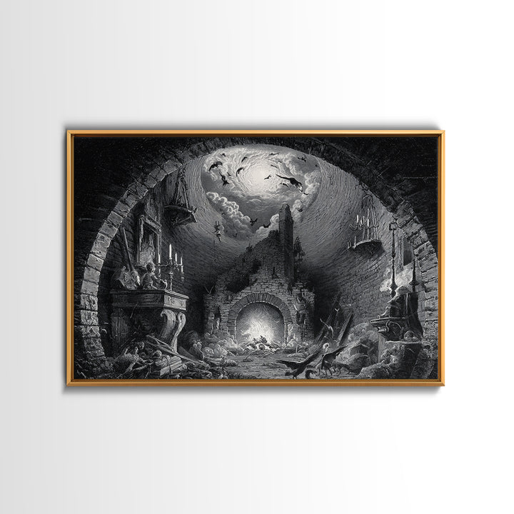 The Chimney Phantom, Architectural Etching Art, Landscape Wall Art, Dark Fantasy Wall Art, Framed Canvas Print