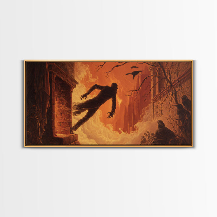 The Chimney Phantom, Apocalyptic Romantic Art, Wide Panoramic Art, Macabre Wall Art, Framed Canvas Print, Halloween Wall Art