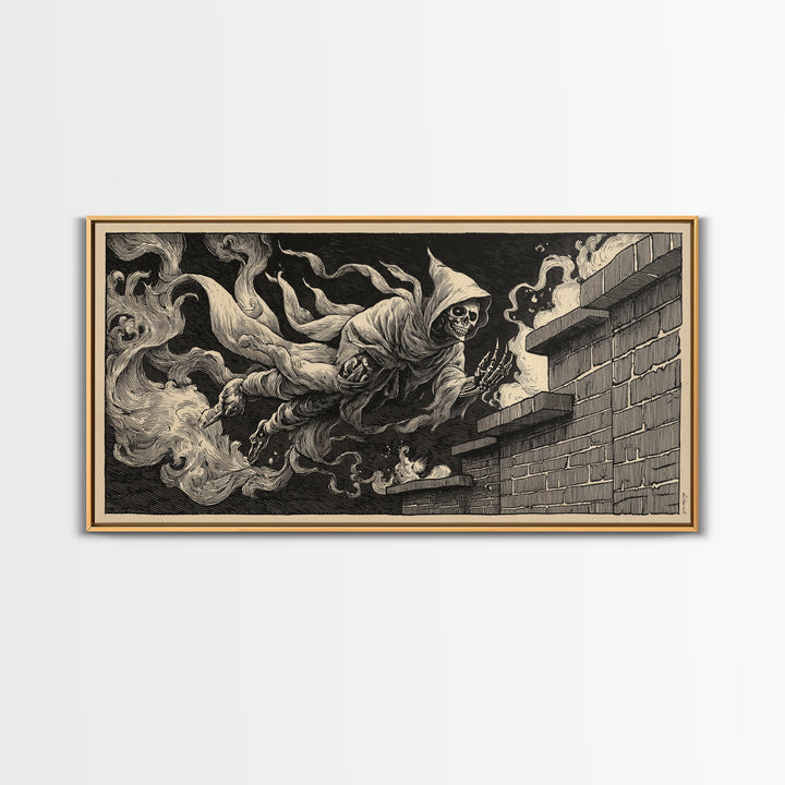 The Chimney Phantom, Macabre Folk Print Art, Wide Panoramic Art, Macabre Wall Art, Framed Canvas Print, Halloween Wall Art