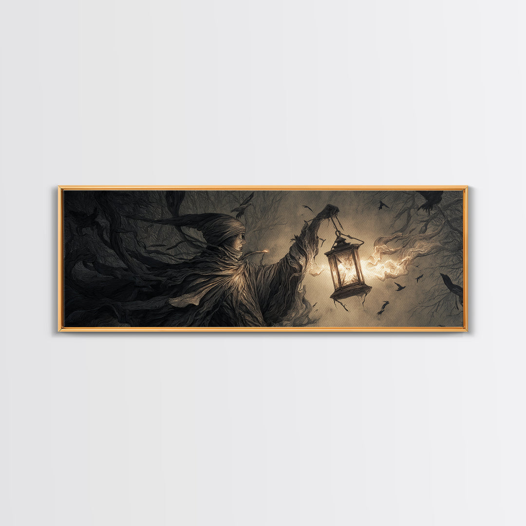 The Lantern Specter, Medieval Grotesque Art, Extra Wide Wall Art, Macabre Wall Art, Framed Canvas Print, Halloween Wall Art