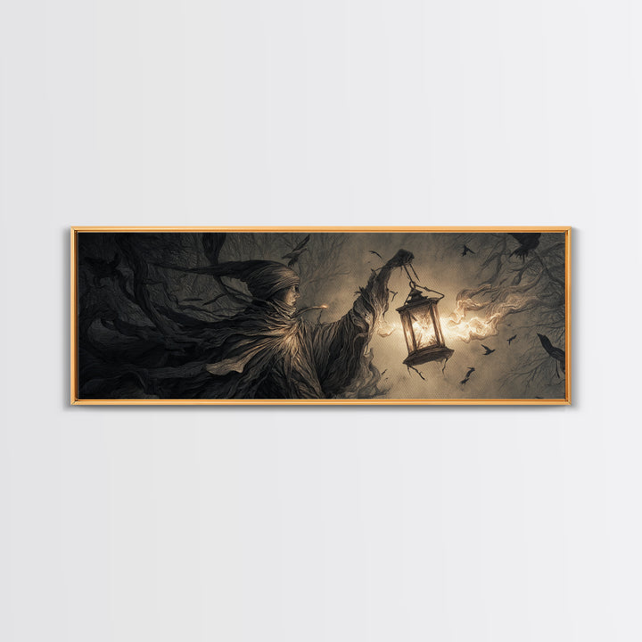 The Lantern Specter, Medieval Grotesque Art, Extra Wide Wall Art, Macabre Wall Art, Framed Canvas Print, Halloween Wall Art