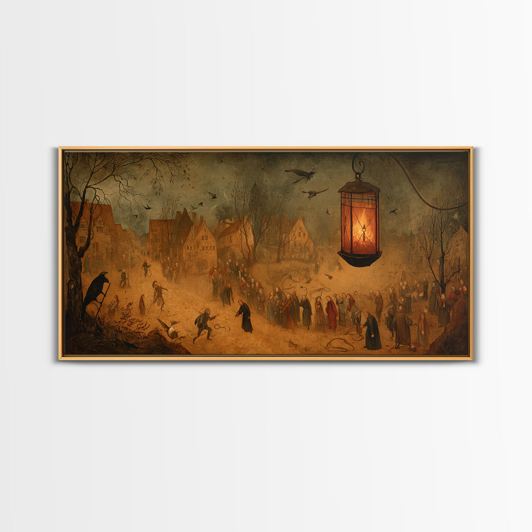 The Lantern Specter, Northern Renaissance Horror, Wide Panoramic Art, Dark Fantasy Wall Art, Canvas Print, Halloween Wall Art