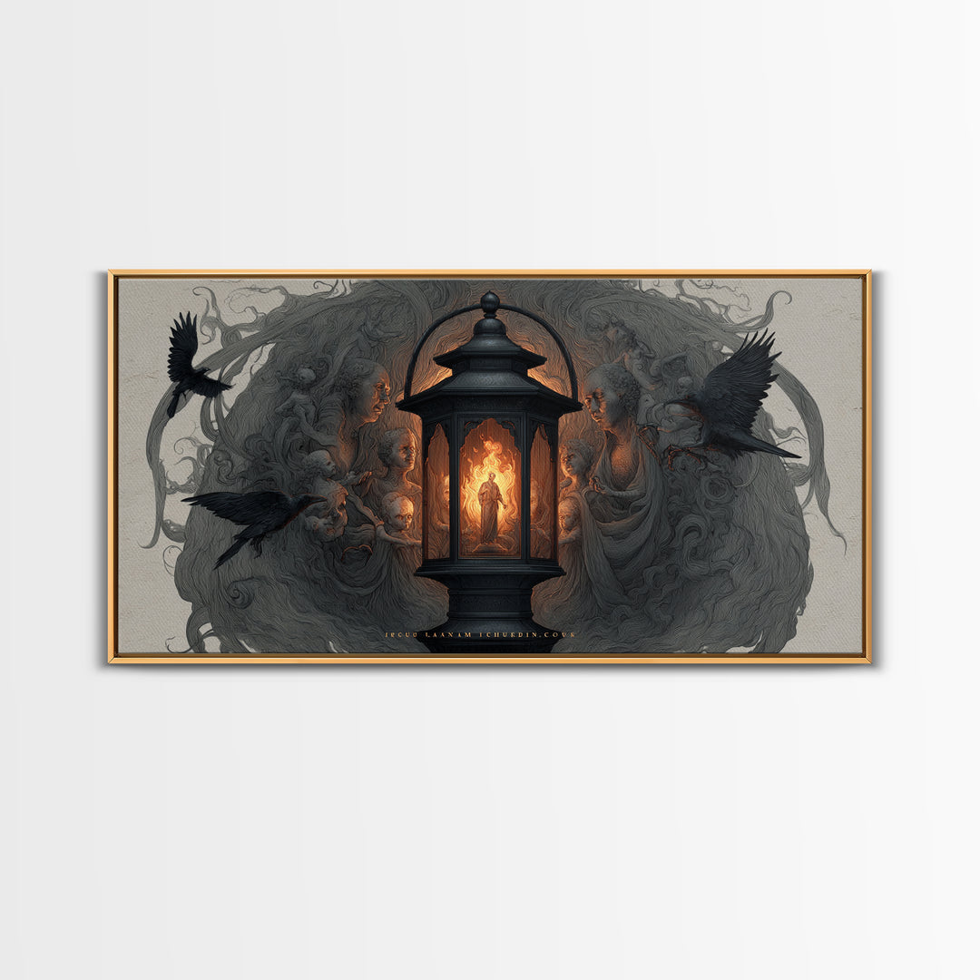 The Lantern Specter, Visionary Gothic Art, Wide Panoramic Art, Dark Fantasy Wall Art, Framed Canvas Print, Halloween Wall Art