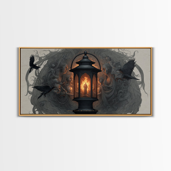 The Lantern Specter, Visionary Gothic Art, Wide Panoramic Art, Dark Fantasy Wall Art, Framed Canvas Print, Halloween Wall Art
