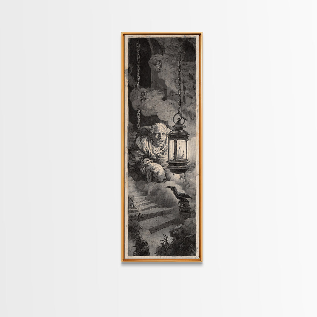 The Lantern Specter, Architectural Etching Art, Tall Narrow Wall Art, Dark Fantasy Wall Art, Canvas Print, Halloween Wall Art