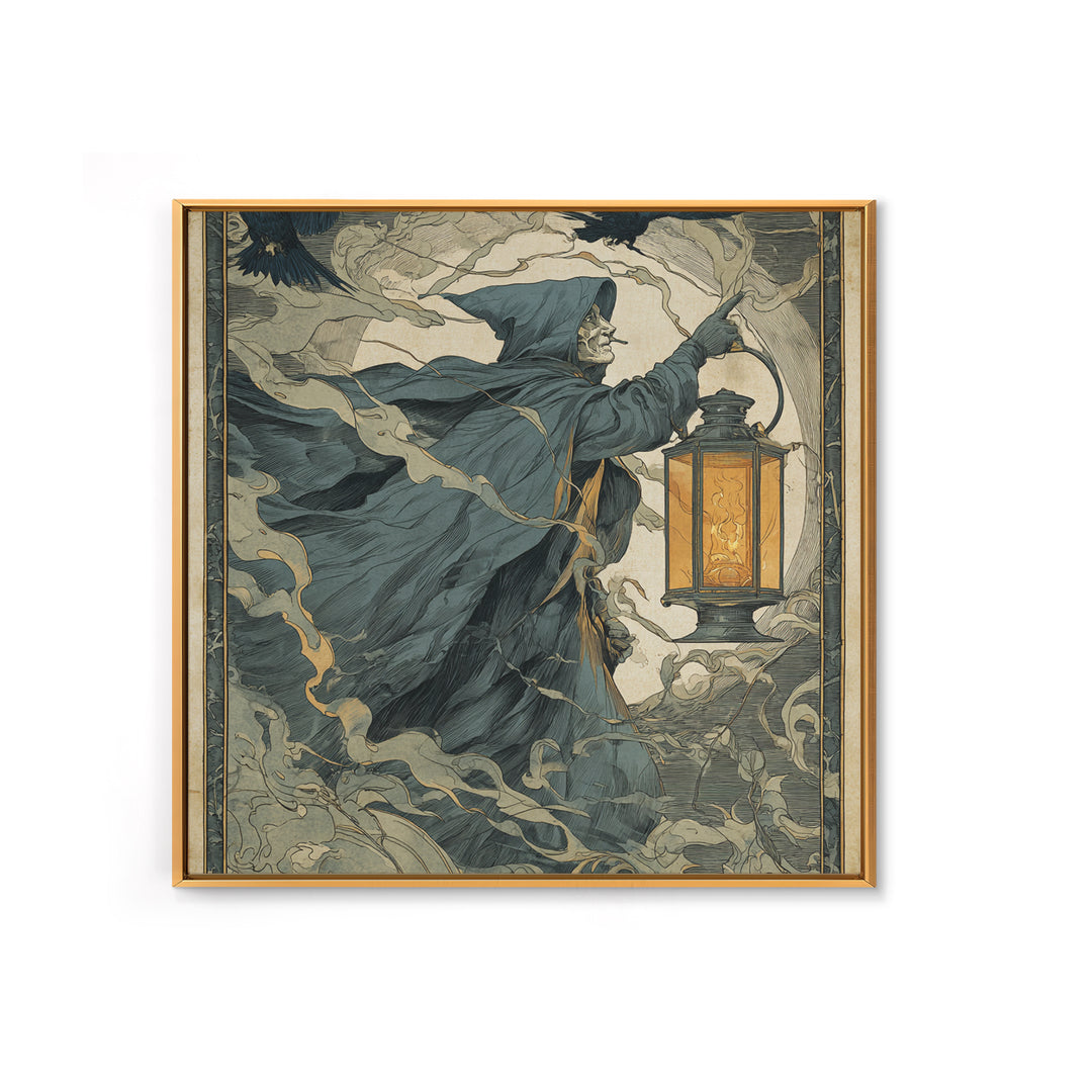 The Lantern Specter, Symbolist Etching Art, Square Wall Art, Dark Fantasy Wall Art, Canvas Print, Halloween Wall Art, Seasonal Home Decor